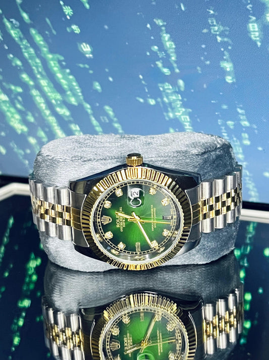 Rolex Silver Gold Chain Watch With Green Dial And Date