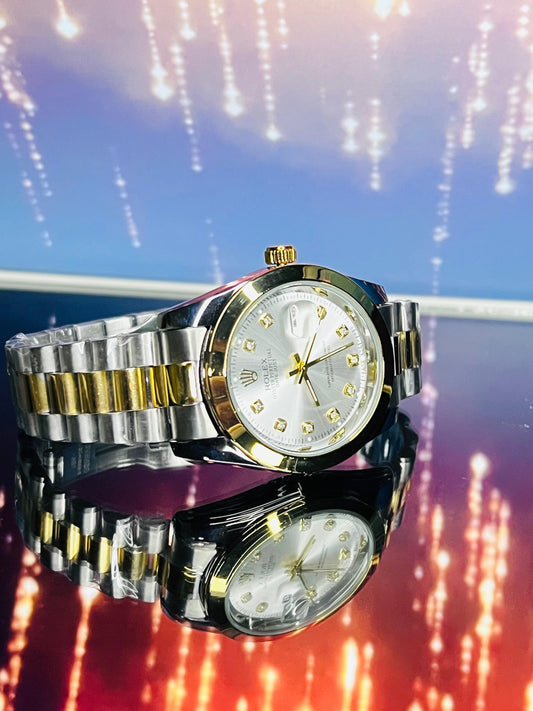 Rolex Golden Watch Silver Gold Chain With Date