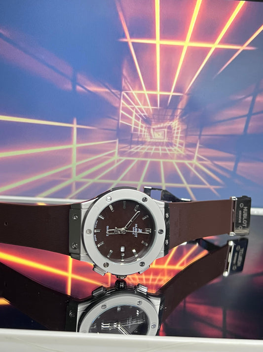 Hublot Brown Belt Watch With Silver Black Dial And Date