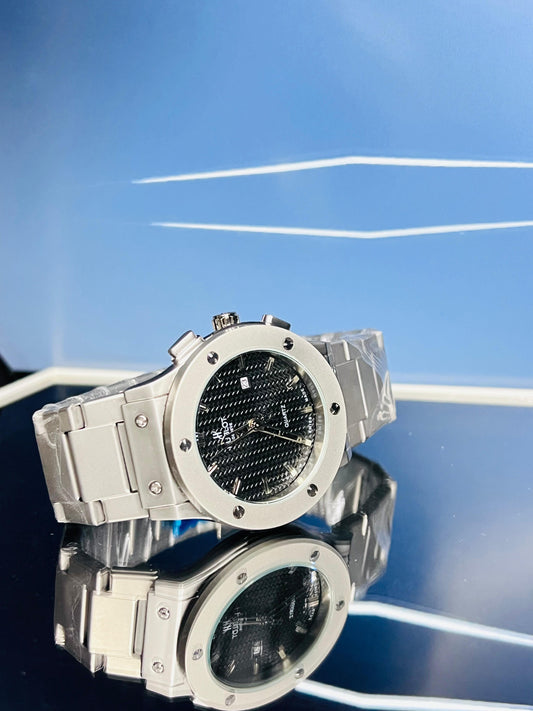 Hublot Silver Chain Watch With Black Dial And Date