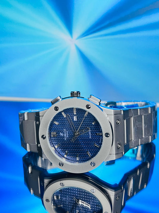 Hublot Silver Chain Watch With Blue Dial And Date