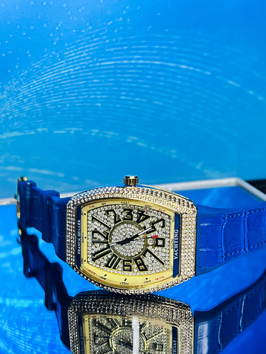 Franck Muller Blue Leather Strap Watch With Diamond Dial And Date