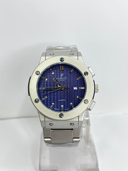Hublot Silver Chain Watch With Blue Dial And Date