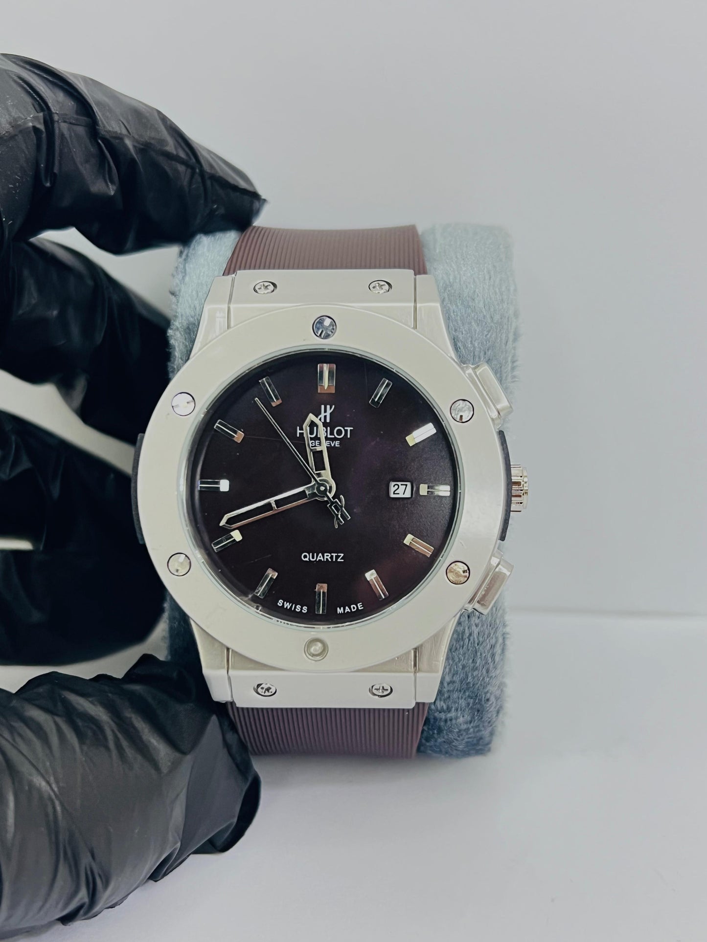 Hublot Brown Belt Watch With Silver Black Dial And Date