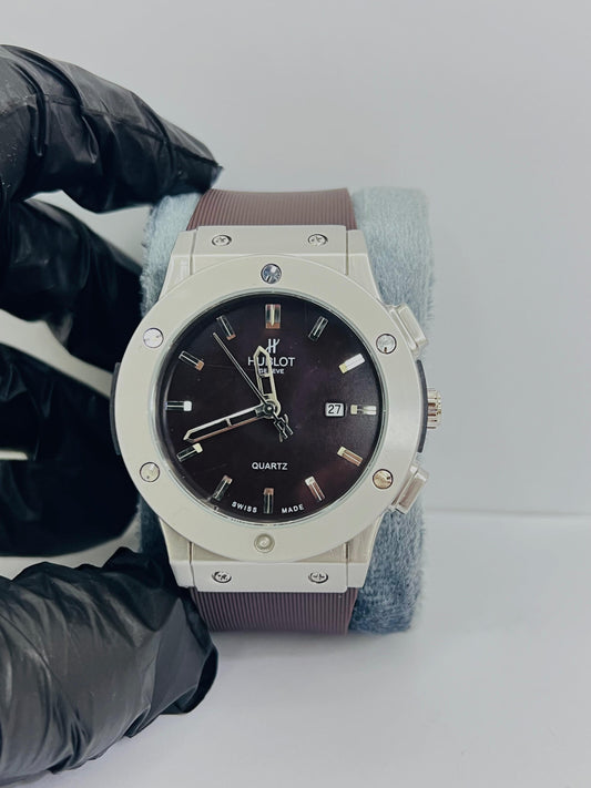 Hublot Brown Belt Watch With Silver Black Dial And Date