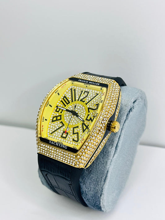 Franck Muller Black Leather Strap Watch With Diamond Dial And Date