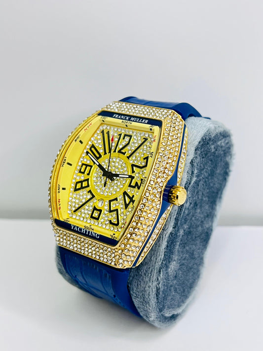 Franck Muller Blue Leather Strap Watch With Diamond Dial And Date