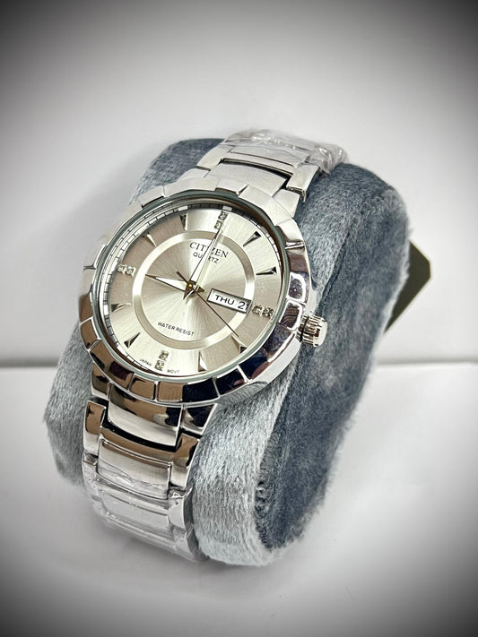 Citizen Silver Chain Watch With Light Grey Dial And Day Date