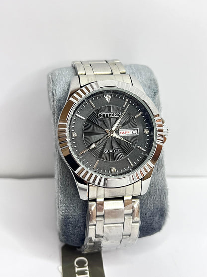 Citizen Silver Chain Watch with Black Dial And Day Date