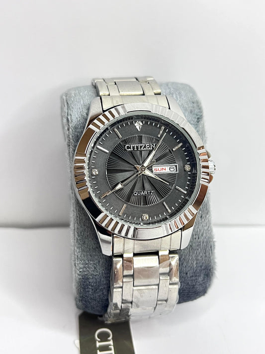 Citizen Silver Chain Watch with Black Dial And Day Date