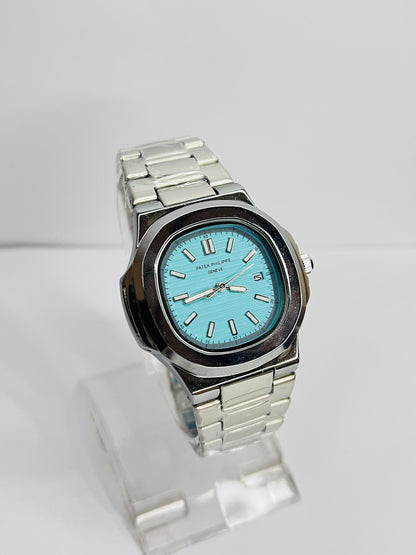 Patek Philippe Silver Chain Watch With Aqua Dial And Date