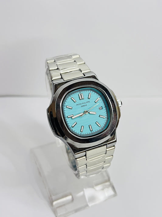 Patek Philippe Silver Chain Watch With Aqua Dial And Date