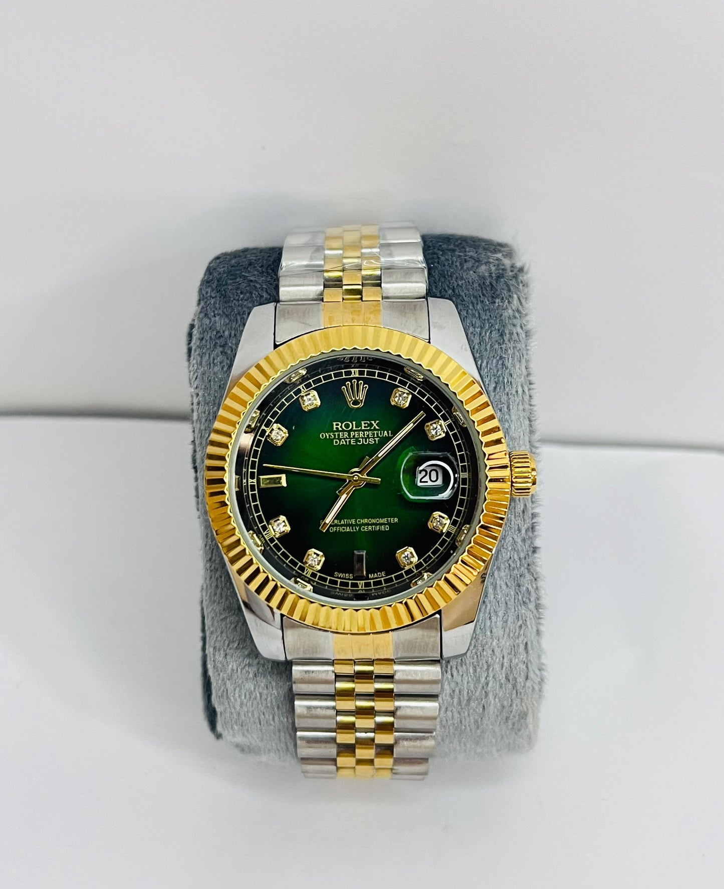 Rolex Silver Gold Chain Watch With Green Dial And Date
