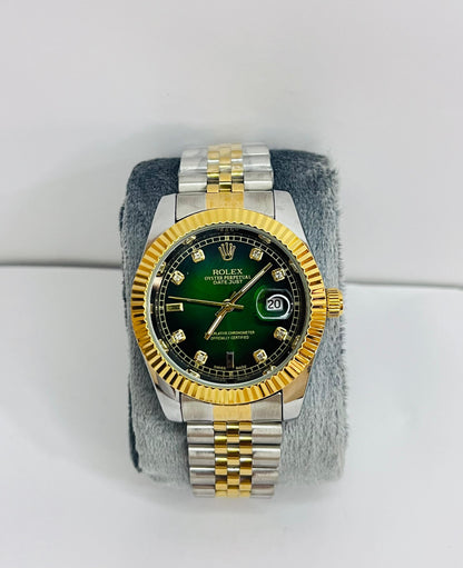 Rolex Silver Gold Chain Watch With Green Dial And Date