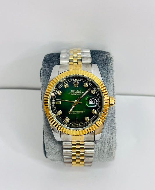 Rolex Silver Gold Chain Watch With Green Dial And Date