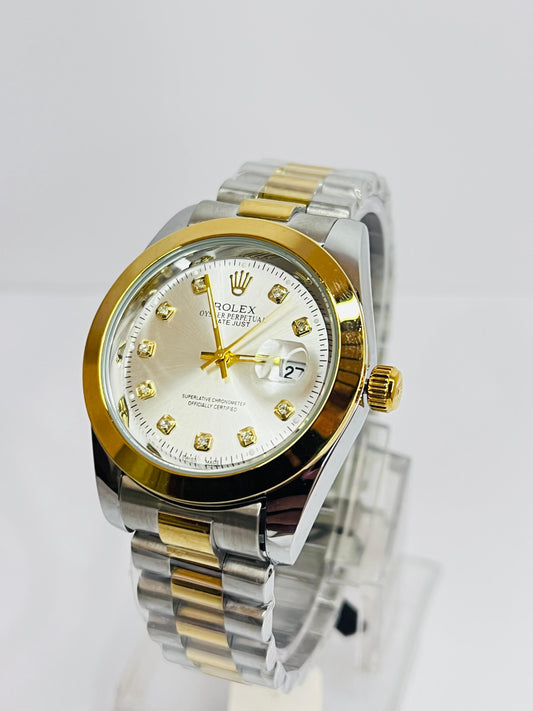Rolex Golden Watch Silver Gold Chain With Date