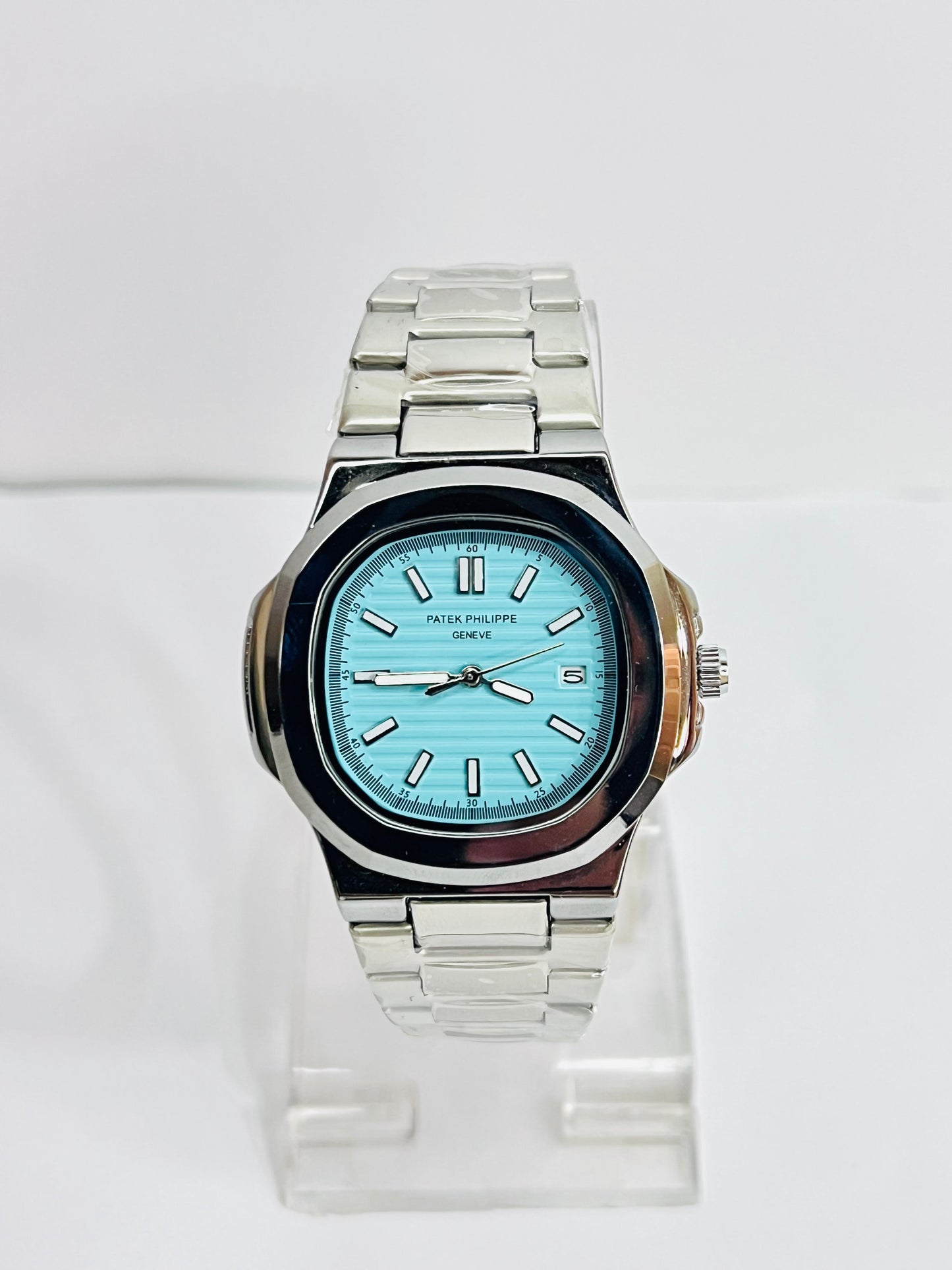 Patek Philippe Silver Chain Watch With Aqua Dial And Date