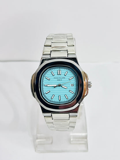 Patek Philippe Silver Chain Watch With Aqua Dial And Date