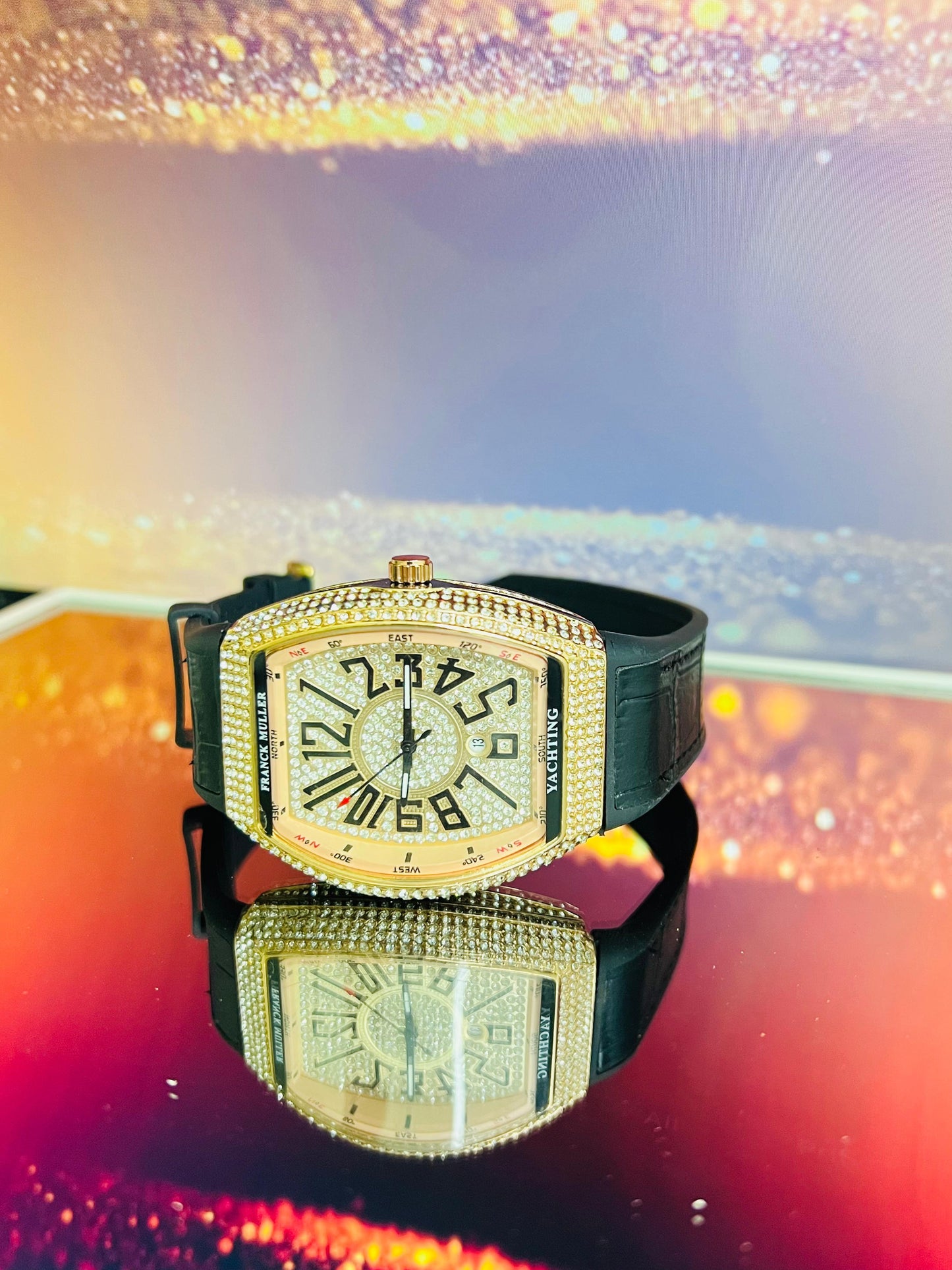 Franck Muller Black Leather Strap Watch With Diamond Dial And Date