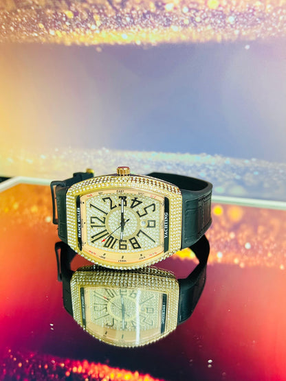 Franck Muller Black Leather Strap Watch With Diamond Dial And Date