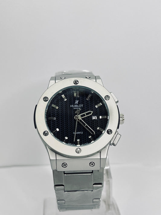 Hublot Silver Chain Watch With Black Dial And Date